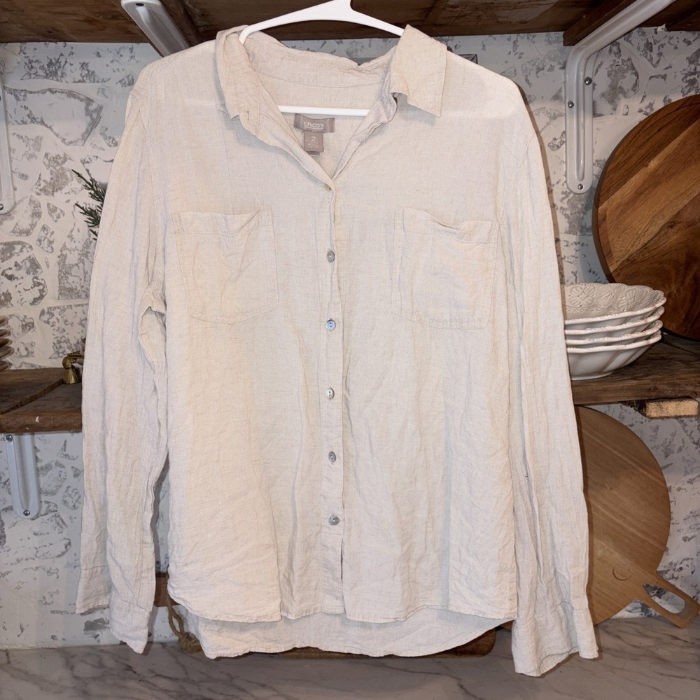 Chicos 2 Linen Blend Women's Button Down Boho Coastal Cowgirl Shirt US Large